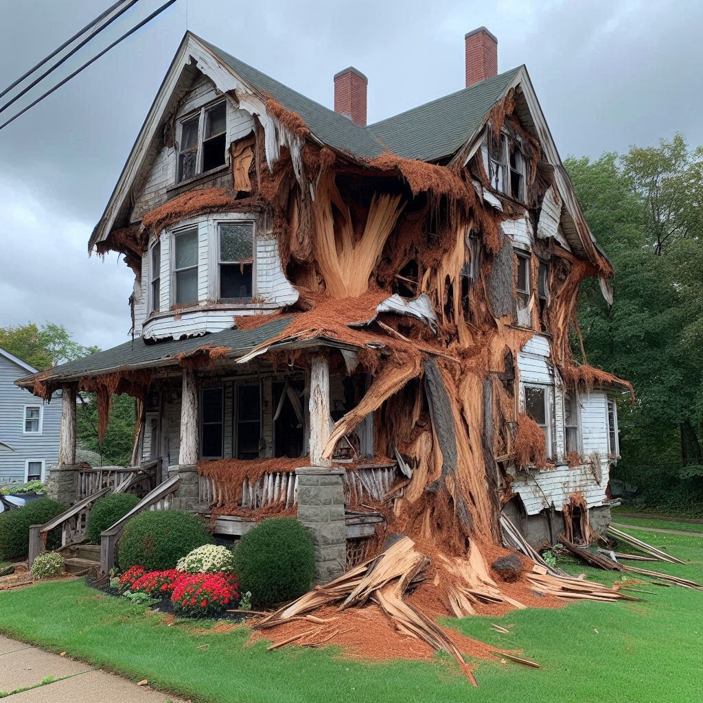 Damaged tree on an Elmhurst home showing signs of disease and decay
